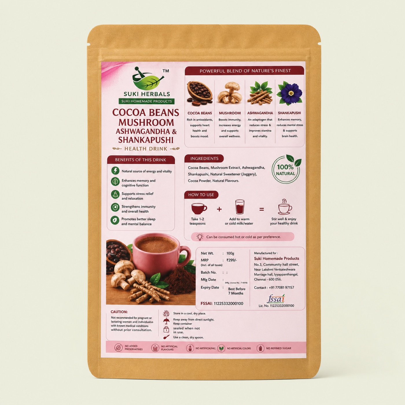 Cocoa Beans Mushroom Ashwagandha & Shankapushi Health Drink