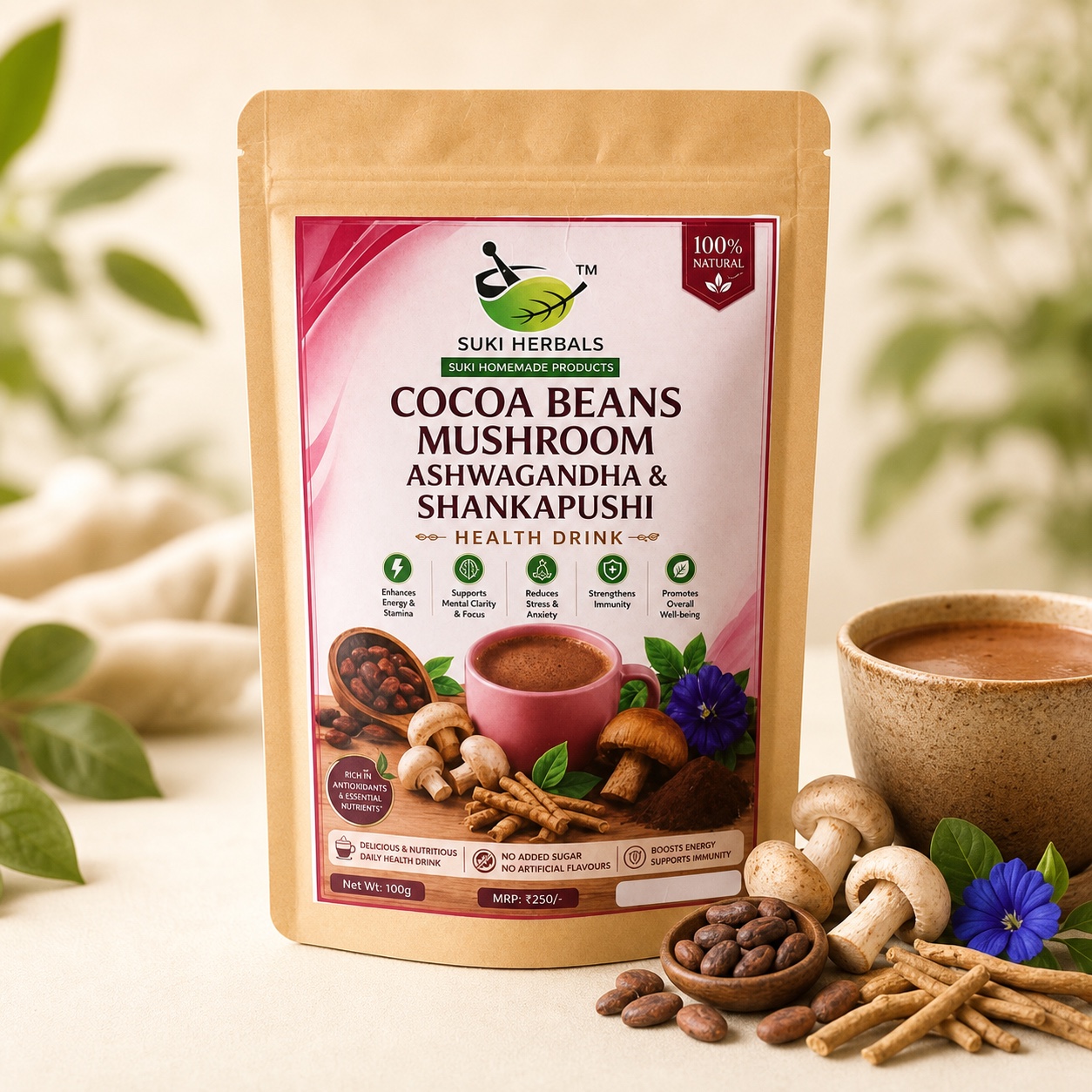 Cocoa Beans Mushroom Ashwagandha & Shankapushi Health Drink - premium product image